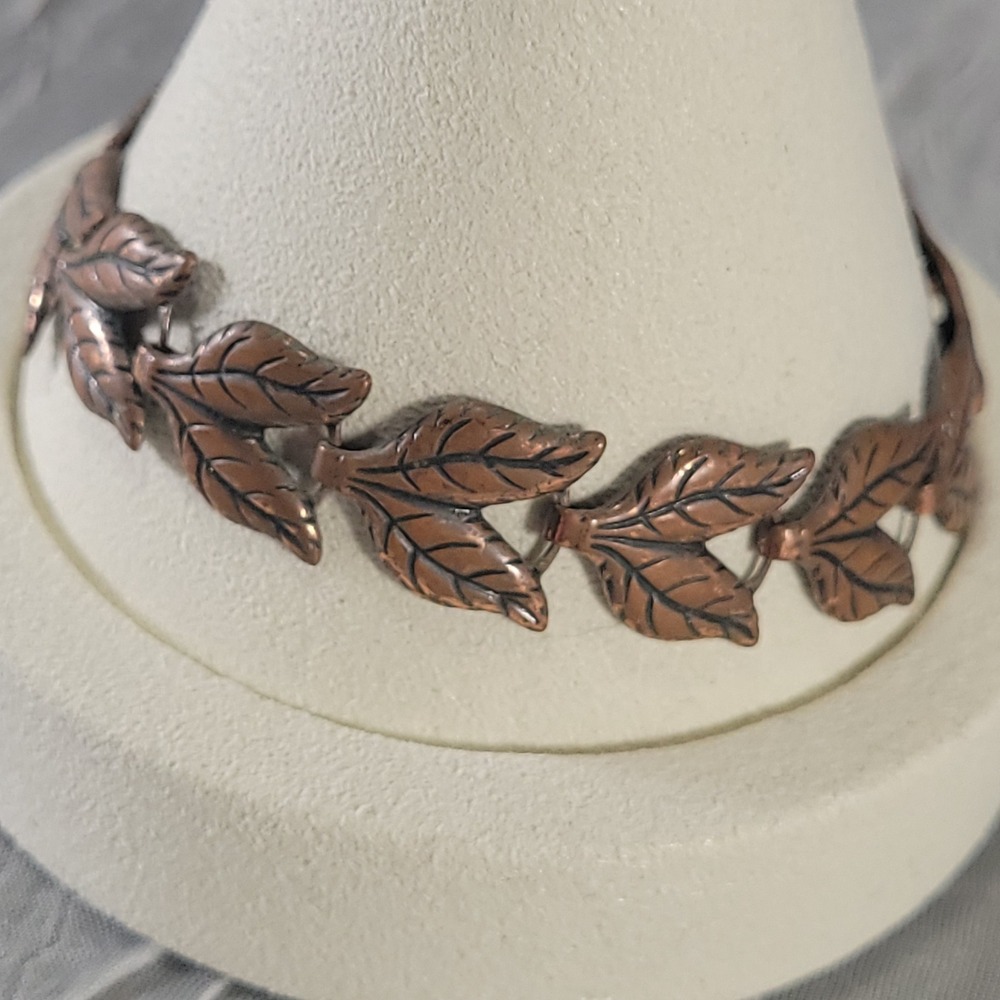 Solid Copper Leaf Bracelet 7.5" Orange Antiqued Botanical Link Panel Jewelry